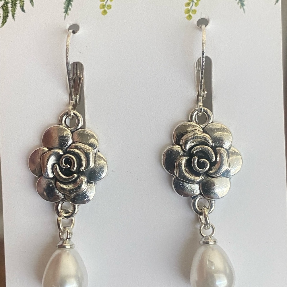 Silver Floral Drop Earrings with White Teardrop Pearl - Picture 2 of 4